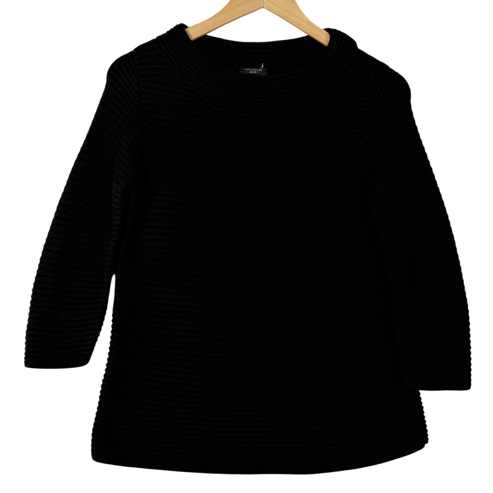 Ann Taylor Petite Womens Size Small Black Ribbed Merino Wool Sweater - Picture 2 of 7